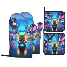 Gants de cuisine et maniques Pikachu, lot de 4, résistants à la chaleur, compatibles micro-ondes et grils, antidérapants, pour la cuisson au four
