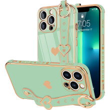 Ag luí le Cás iPhone15Pro Max le Strap, Dearadh Grá-Chroíthe Gleoite, Seasamh Láimhe, San áireamh 2 Cosantóir Scáileáin - Dubh