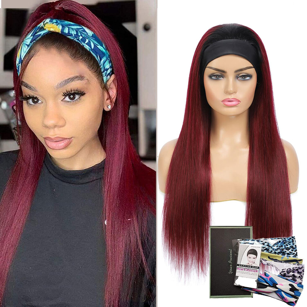 Headband Wig Human Hair Ombre Straight 18 Inch Glueless 150% Density Brazilian Burgundy