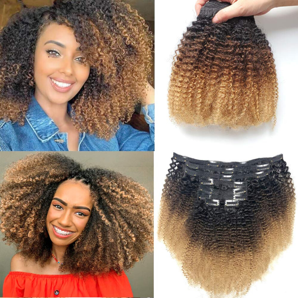 Unisex Black Afro Kinky Curly Clip In Hair Extensions 4B4c Brazilian Virgin Remy Human Hair For Women 18' 1B/4/27
