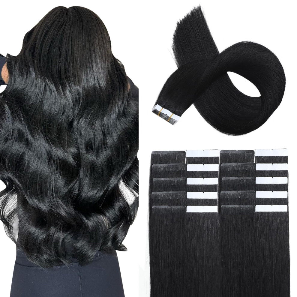 Unisex Black 18 Inch Jet Tape In Human Hair Extensions Silky Straight Invisible Tape For Women 50G