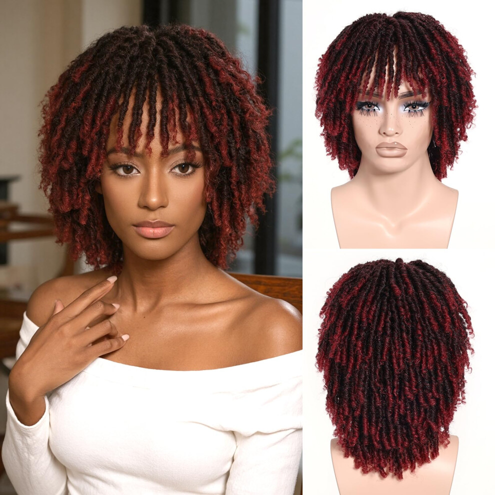 Unisex Black,Red Ombre Red Short Dreadlock Wig With Bangs, Synthetic Afro Curly Braids For Black Women And Men