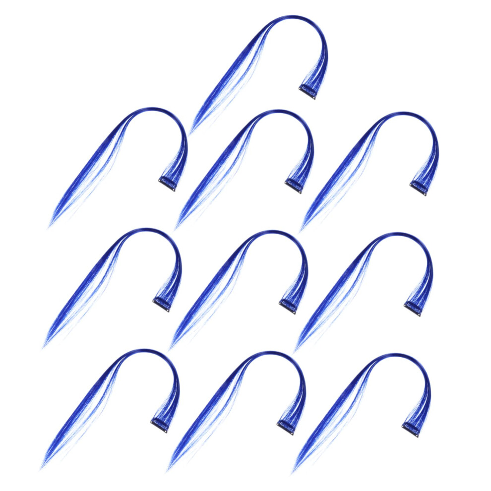 Blue Clip in Hair Extensions Straight Heat Resistant Synthetic Hairpiece for Cosplay Parties 10pcs