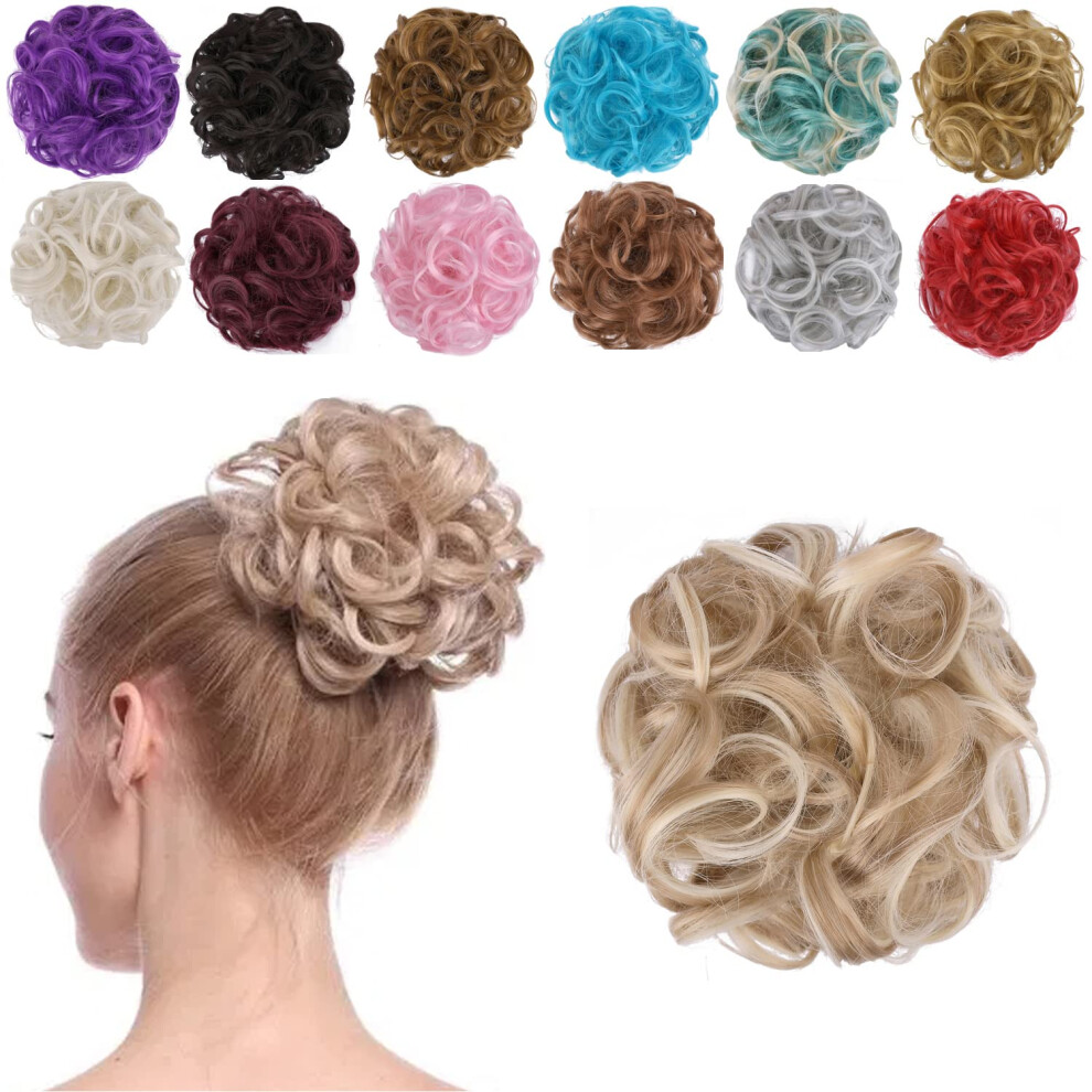 Unisex Golden Messy Bun Hairpiece Curly Scrunchie Extension With Elastic Band, Honey Blonde Highlights #65
