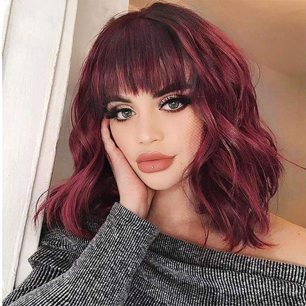 Unisex Red Wine Short Wavy Bob Wig With Bangs, 14 Inch Heat Resistant Synthetic Wig For Women