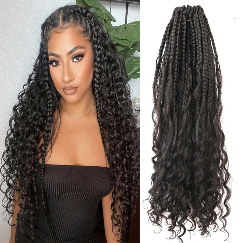 Unisex Black 14 Inch Boho Box Braids With Human Hair Curls, Prelooped Crochet Braids For Women, 40 Strands