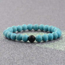 Pulseiras RSAMD unissex com contas de pedras preciosas naturais redondas de 8 mm, feitas à mão, com pingentes - Pedra azul celeste + 1 pedra