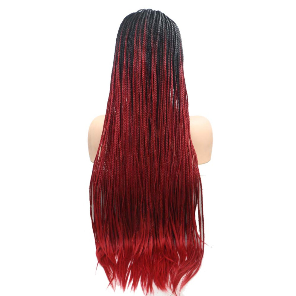 Red Ombre Braided Lace Front Wig 28 Inch Heat Resistant Fiber with Natural Hairline for Women