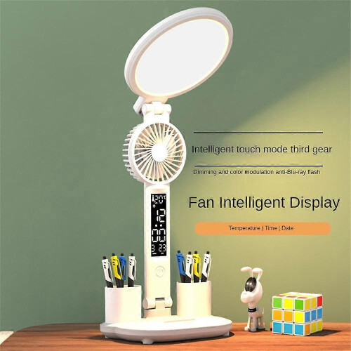 (Fan style, Charging model 2000 capacity) New Table Lamp Desk Lamp Study Reading Light with Fan LED Clock Eye Protection~ 1