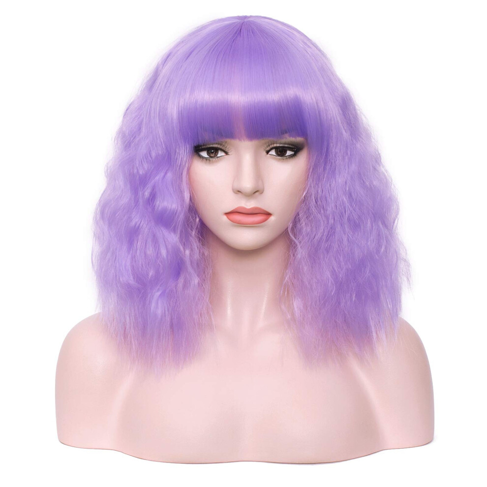 Unisex Purple Lavender Wig With Bangs 14 Inch Short Curly Bob For Women Heat Resistant Synthetic