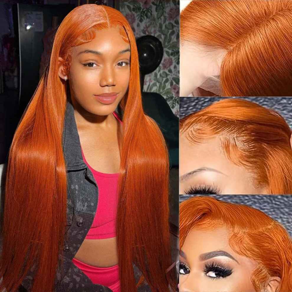 Ginger Lace Front Wig Human Hair 13x4 HD 350 Orange Straight 180 Density Natural Hairline 26 Inch