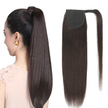 Human Hair Ponytail Extension 16 Inch Dark Brown Remy Clip In Wrap Around for Instant Volume