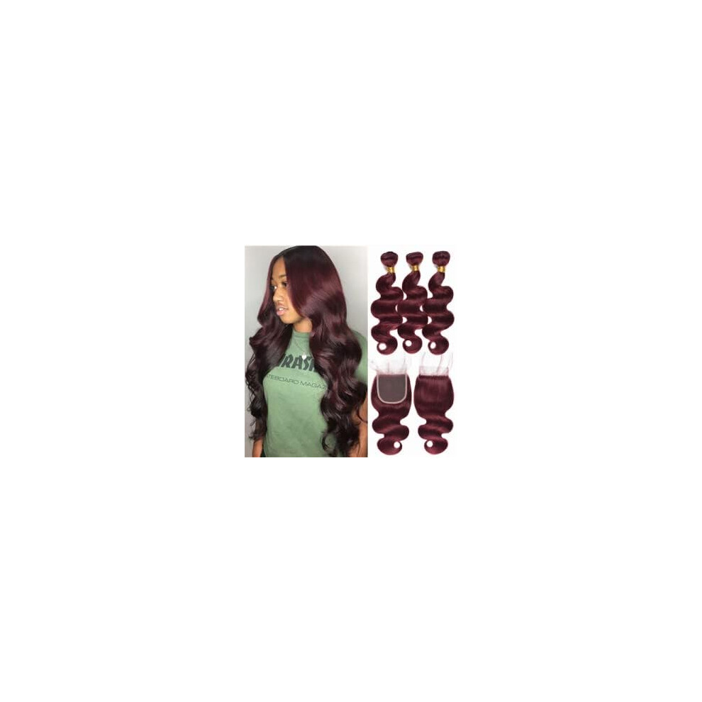 Unisex Red 99J Burgundy Brazilian Virgin Hair Body Wave Bundles With 13X4 Lace Frontal Closure 10 12 14