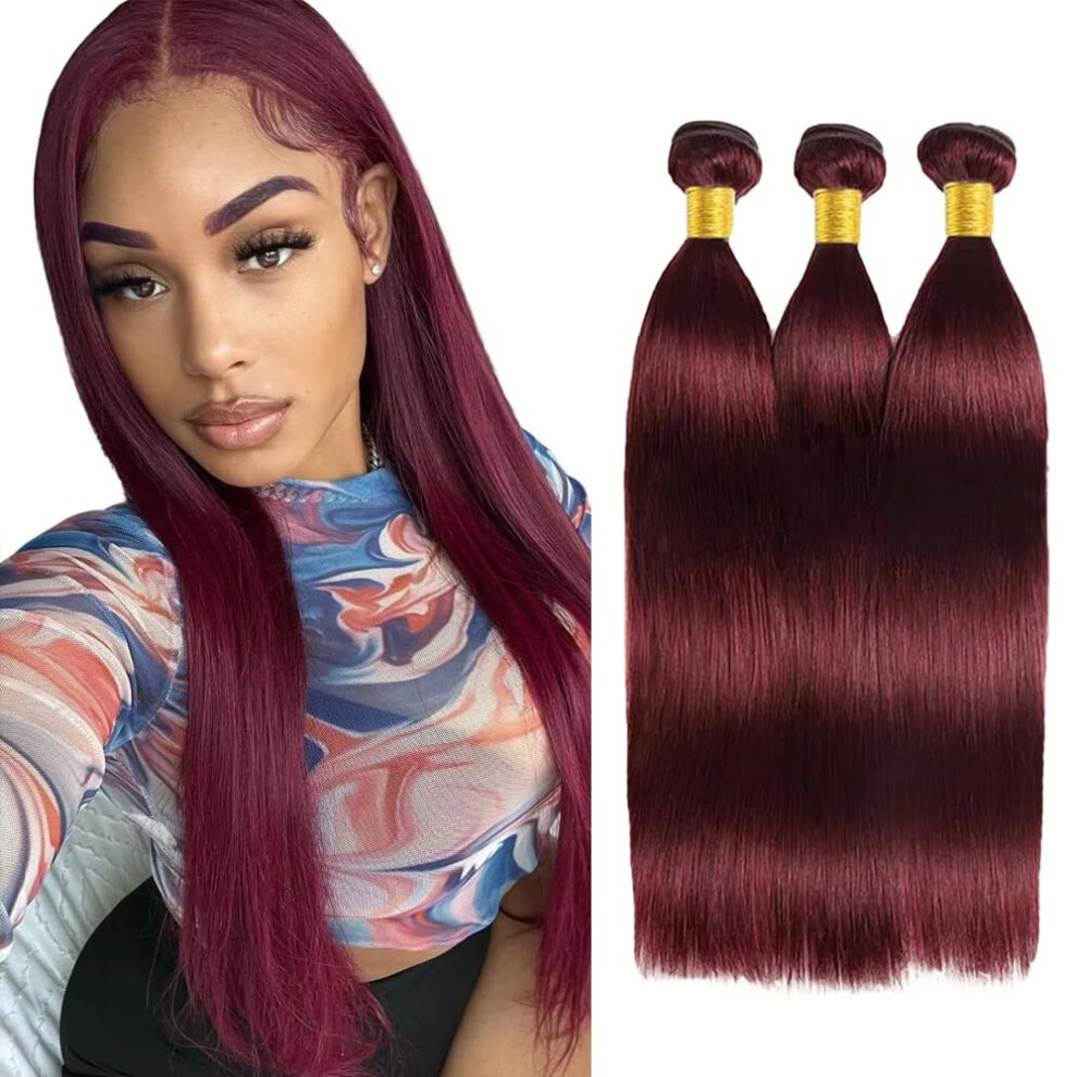 Brazilian Virgin Human Hair Bundles 99j Burgundy Straight Extensions 30 32 34 inch Full Set