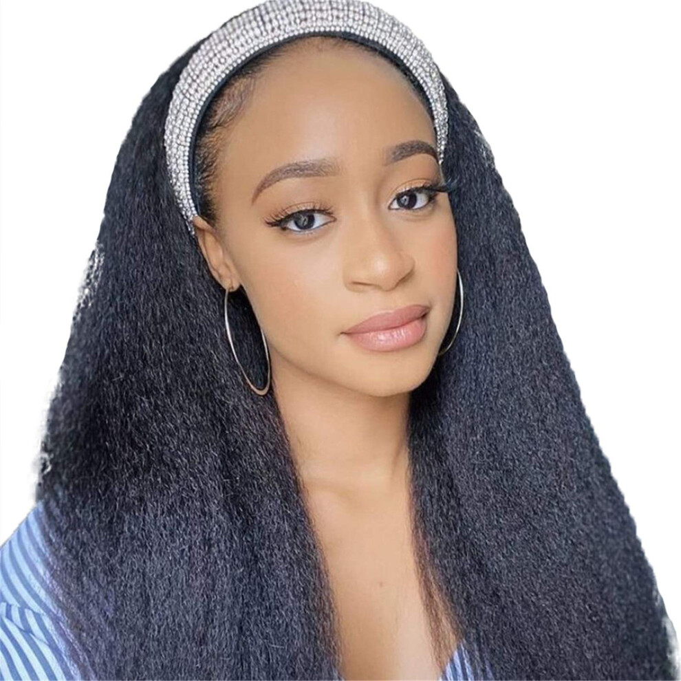 Headband Kinky Straight Virgin Human Hair Wig 20 Inch Natural Black No Shedding for Women