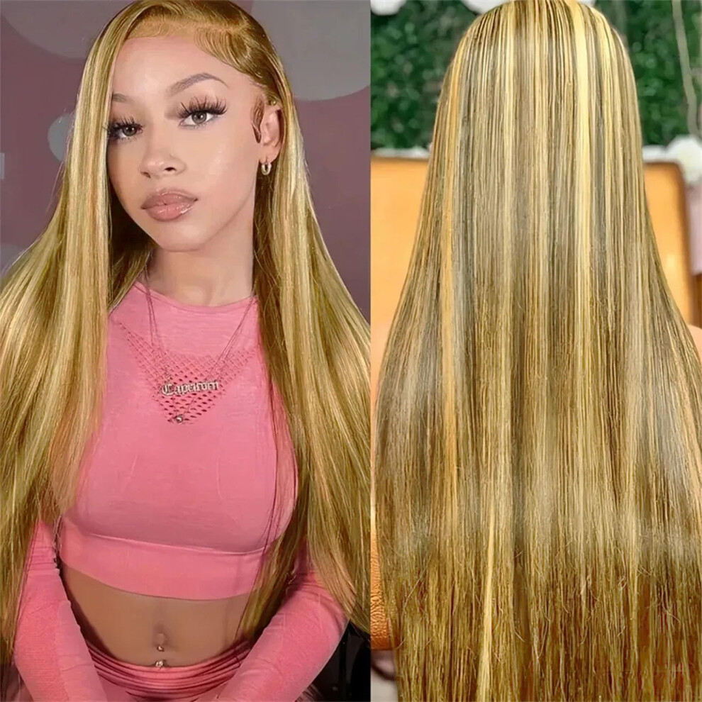 Long Straight Synthetic Wig 26 Inch Honey Blonde Platinum Lace Front Heat Resistant Hair for Women