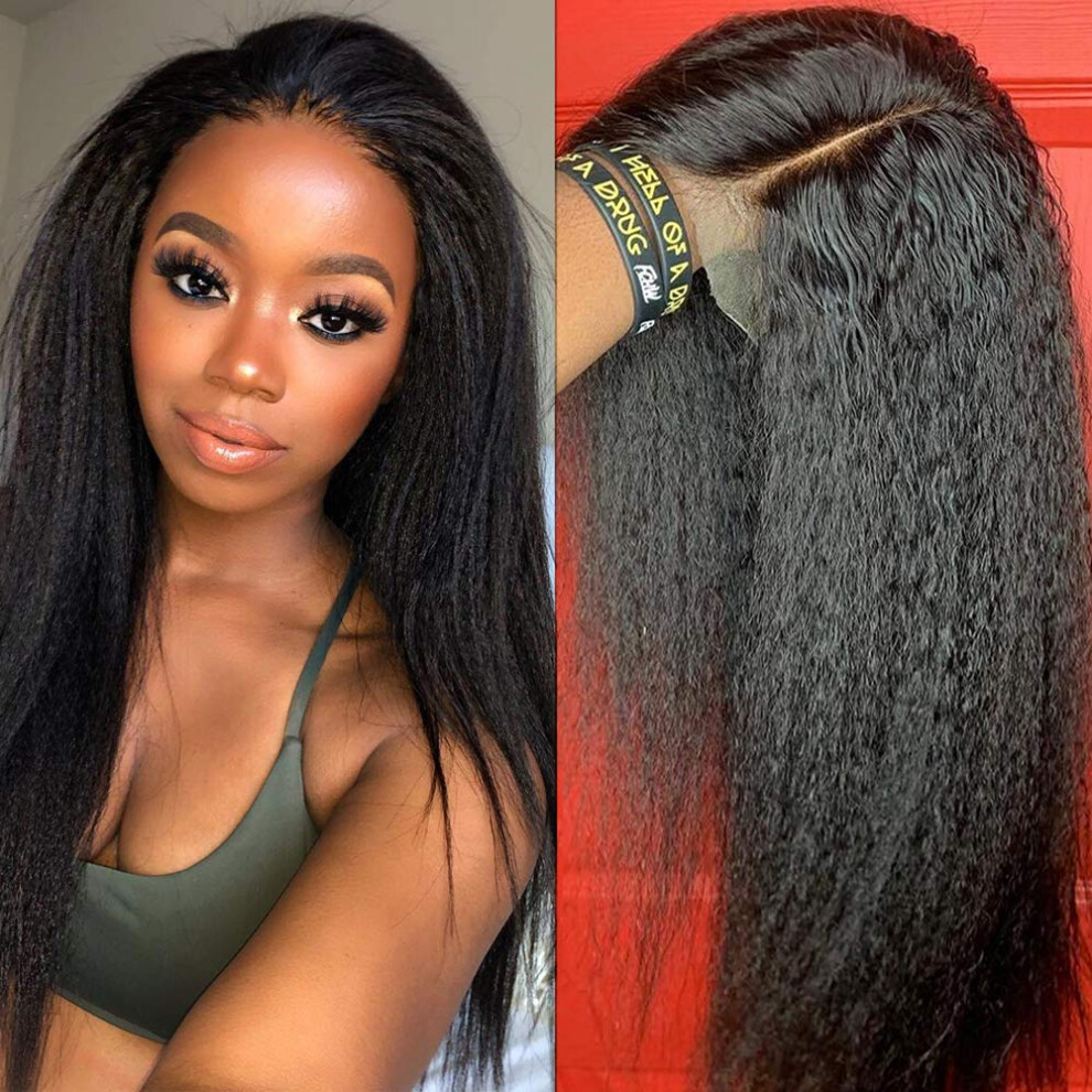 Unisex Black Glueless 13X4 Lace Front Kinky Straight Human Hair Wig For Women, Preplucked Brazilian Remy, Baby Hair, Natural Hairline, 150% Density, 22 Inch