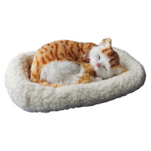 (E) Breathing Sleeping Cat Toy with White Mat Battery Operated Simulated Artificial Fur Cat Ornament Photo Prop Kids Pet Lovers Birthday Gift
