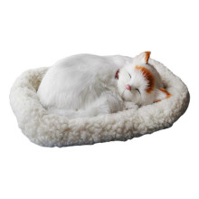 (C) Breathing Sleeping Cat Toy with White Mat Battery Operated Simulated Artificial Fur Cat Ornament Photo Prop Kids Pet Lovers Birthday Gift