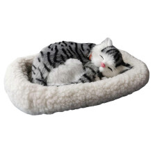 (F) Breathing Sleeping Cat Toy with White Mat Battery Operated Simulated Artificial Fur Cat Ornament Photo Prop Kids Pet Lovers Birthday Gift
