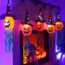 Halloween pompoen spook hangende decoraties met LED-lichtsnoer, 5 stuks (53 cm) windzakken voor buiten, tuin, boom, pad en feestartikelen.