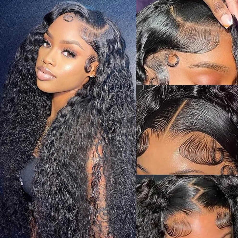 Unisex Black 32 Inch Deep Wave Lace Front Wig Human Hair 13X4 Hd Transparent Pre Plucked Glueless Natural Hairline
