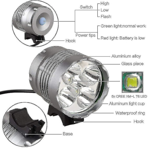 Φώτα ποδηλάτου, φως ποδηλάτου 6000Lumen5LED, αδιάβροχο μπροστινό φως ποδηλάτου βουνού 1