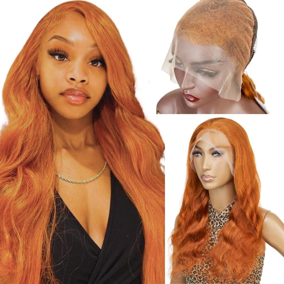 Unisex Orange Ginger 13X6 Hd Lace Front Wig 24 Inch Brazilian Virgin Body Wave Pre Plucked 150% Density
