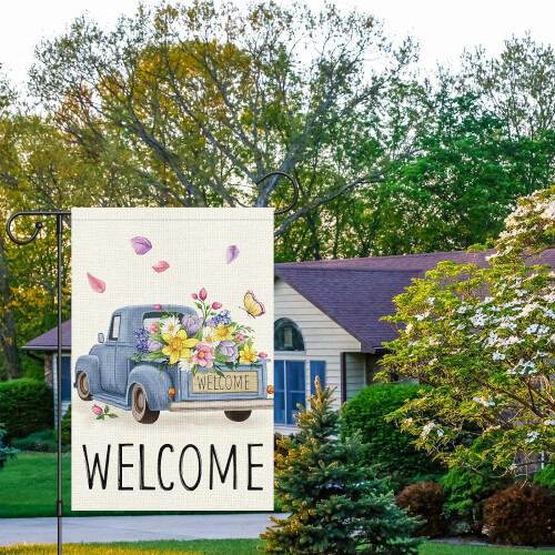 Σημαία κήπου Jbralid Welcome Spring Truck Floral 12x18, διπλής όψης, κάθετο λινό για εξωτερική 1