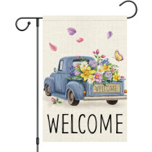 Bandiera da giardino Jbralid Welcome Spring Truck Floral Garden, 12x18, bifacciale, verticale, in lino per decorazioni esterne.