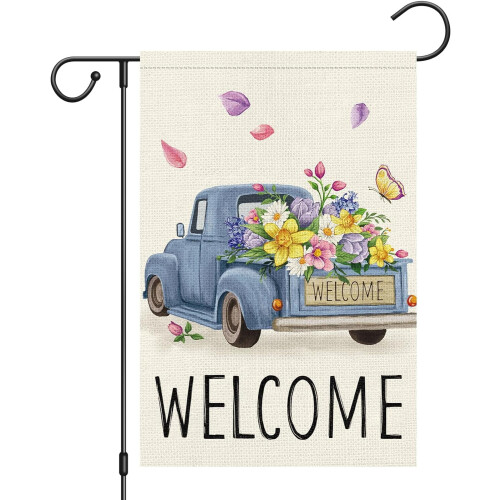 Σημαία κήπου Jbralid Welcome Spring Truck Floral 12x18, διπλής όψης, κάθετο λινό για εξωτερική