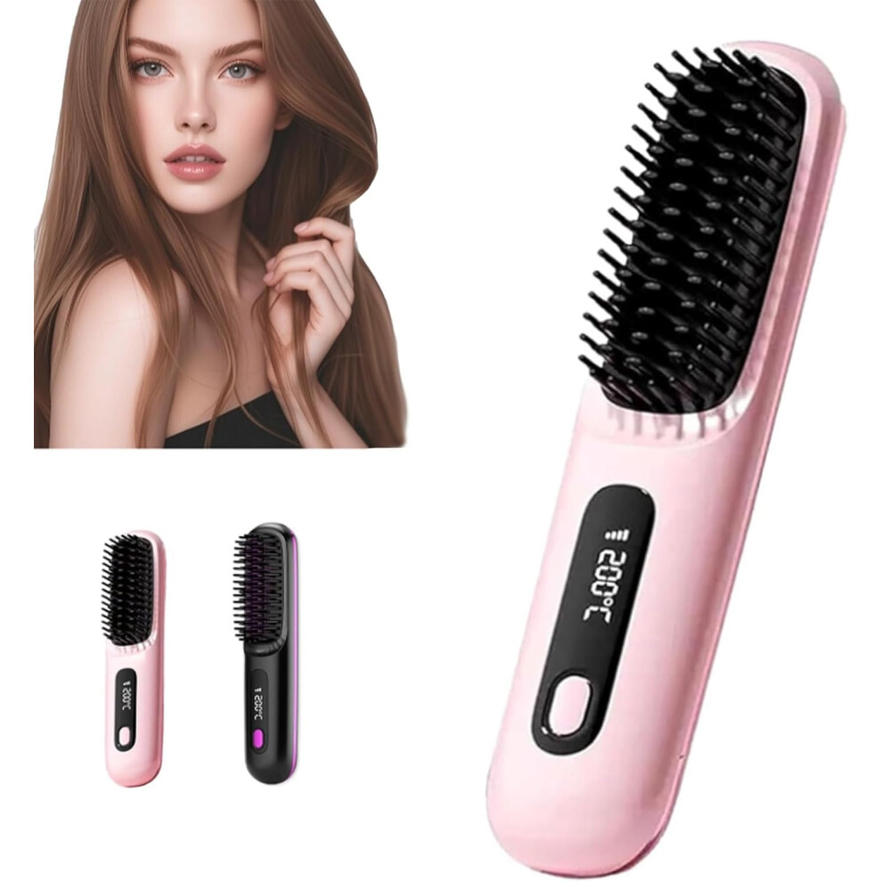Hair Straightening Brush with TypeC Charging, Cordless Mini Travel Hair Straightener Comb for All Hair Types (Pink)