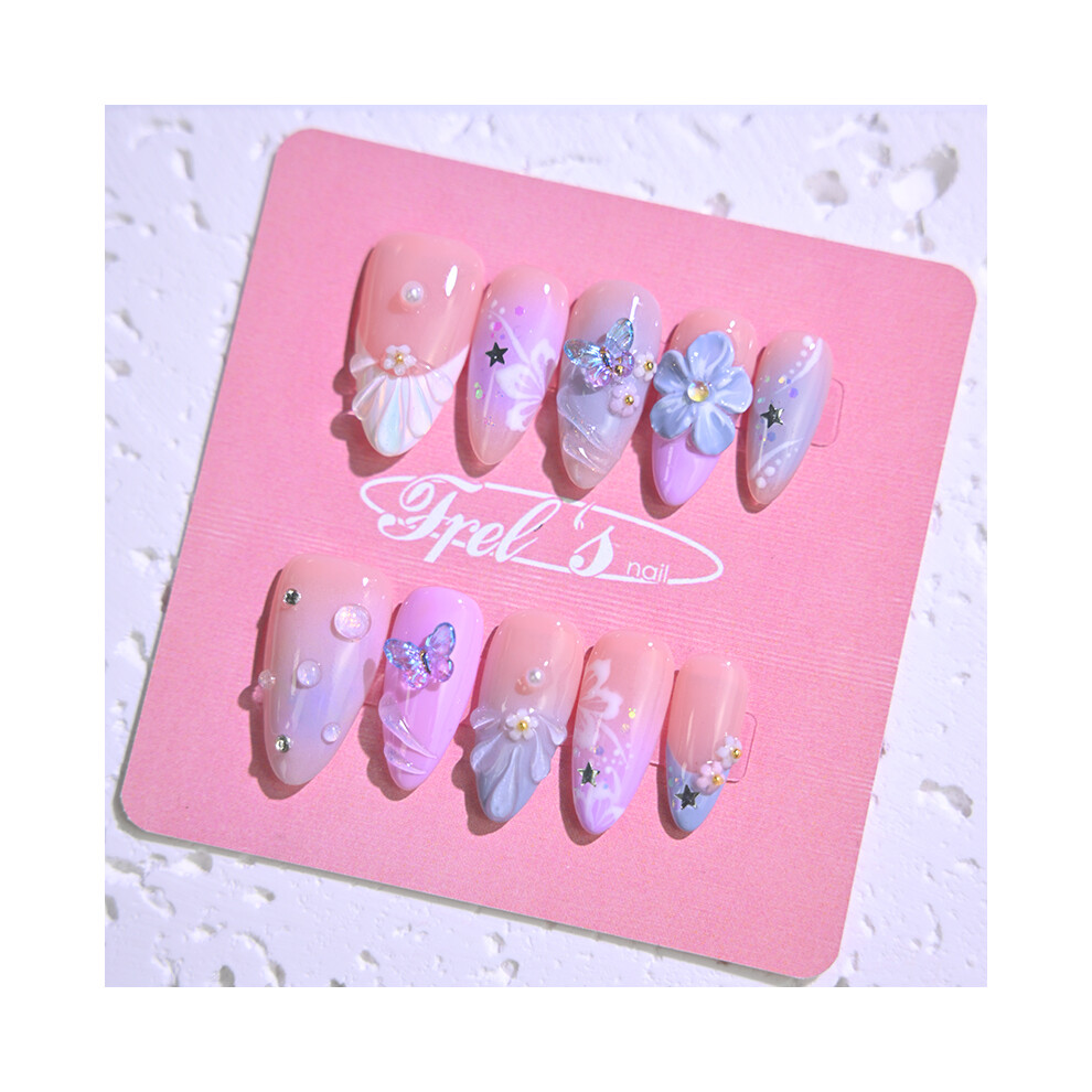 Frely's nail ALMOND Purple Cherry Blossom S  ,Handmade nail art,Press-On Nails, Holiday Gift Set with Holiday