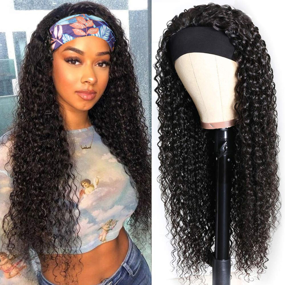 Headband Wig Deep Wave 24 Inch Synthetic Long Black Hair Glue Quick Install for Women