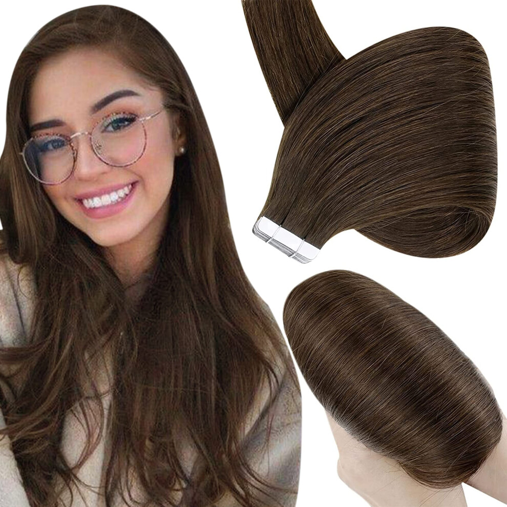 Unisex Brown Dark Tape In Hair Extensions 14 Inch 80G Remy Human Hair Seamless Invisible Blend