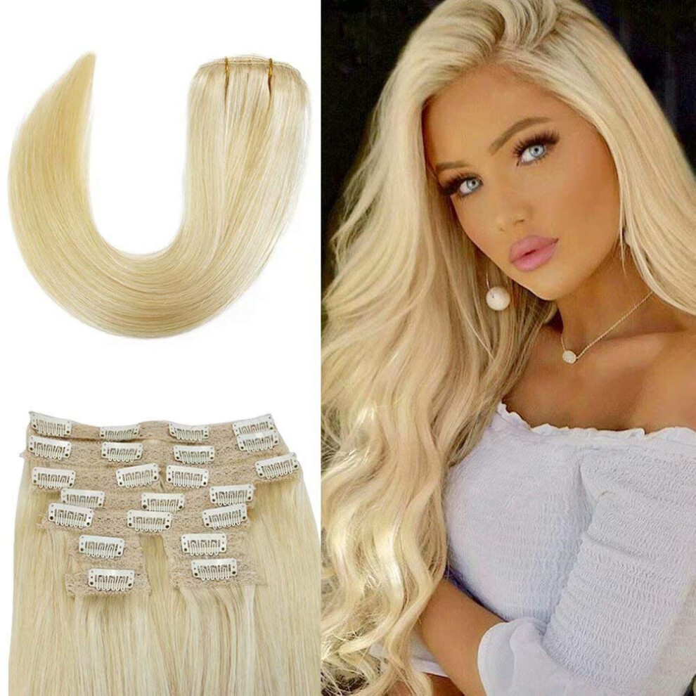Unisex Bleach Blonde 613# Clip In Human Hair Extensions 18 Inch Remy Silky Straight With Lace Weft