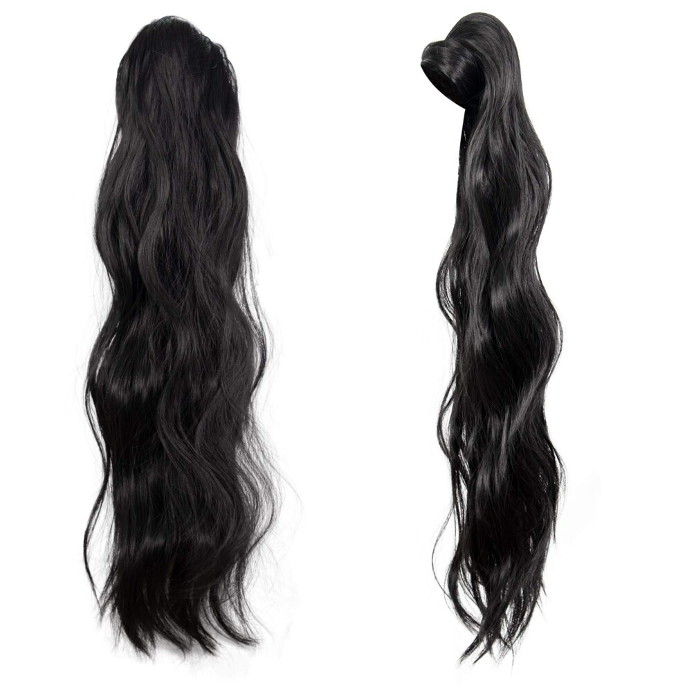 22 Inch Clip in Ponytail Extension Loose Wave Synthetic Hairpiece with Balayage Black Natural Look