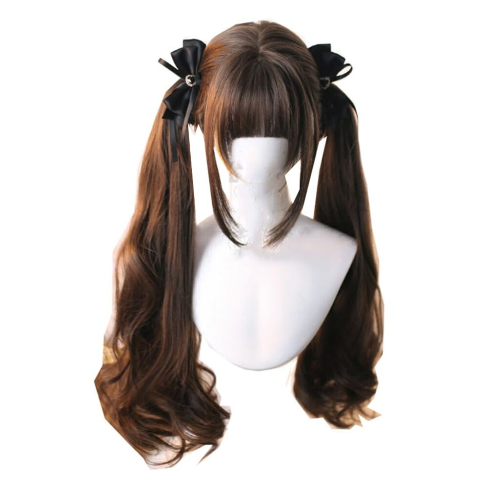 Unisex Brown Lolita Wig Long Wavy With Bangs Heat Resistant Synthetic Cosplay Nut Double Pigtails