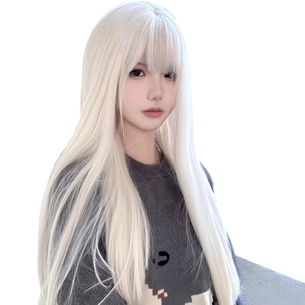 Unisex Black,Brown Long Straight Wig With Fluffy Airy Bangs, Natural Hairline, Black Brown HeatâStyle Ready