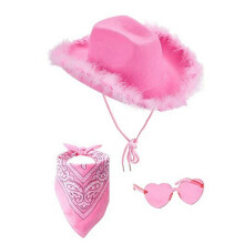 (G)3Pcs/Set Cowboy Hat Set Women Pink Western Felt Cowgirl Hat with Bandana Glasses Accessories Headwear
