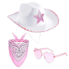 (F)3Pcs/Set Cowboy Hat Set Women Pink Western Felt Cowgirl Hat with Bandana Glasses Accessories Headwear