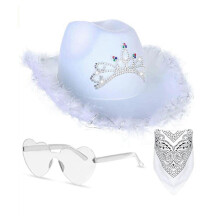 (C)3Pcs/Set Cowboy Hat Set Women Pink Western Felt Cowgirl Hat with Bandana Glasses Accessories Headwear