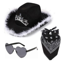 (B)3Pcs/Set Cowboy Hat Set Women Pink Western Felt Cowgirl Hat with Bandana Glasses Accessories Headwear