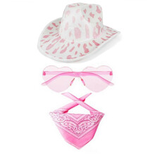 (E)3Pcs/Set Cowboy Hat Set Women Pink Western Felt Cowgirl Hat with Bandana Glasses Accessories Headwear