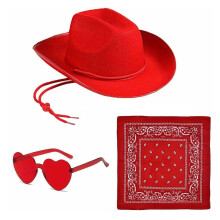 (J)3Pcs/Set Cowboy Hat Set Women Pink Western Felt Cowgirl Hat with Bandana Glasses Accessories Headwear