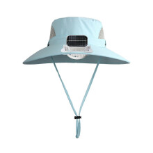 (Blue)Outdoor Wide Brim Sun Hat with Solar Powered Fan Hat Breathable Mesh Design UV Protection Kids Boys Hat