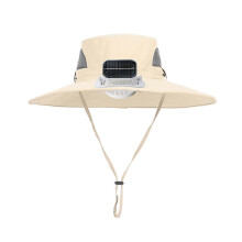 (Khaki)Outdoor Wide Brim Sun Hat with Solar Powered Fan Hat Breathable Mesh Design UV Protection Kids Boys Hat