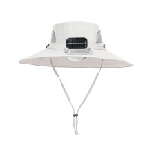 (Light Grey)Outdoor Wide Brim Sun Hat with Solar Powered Fan Hat Breathable Mesh Design UV Protection Kids Boys Hat