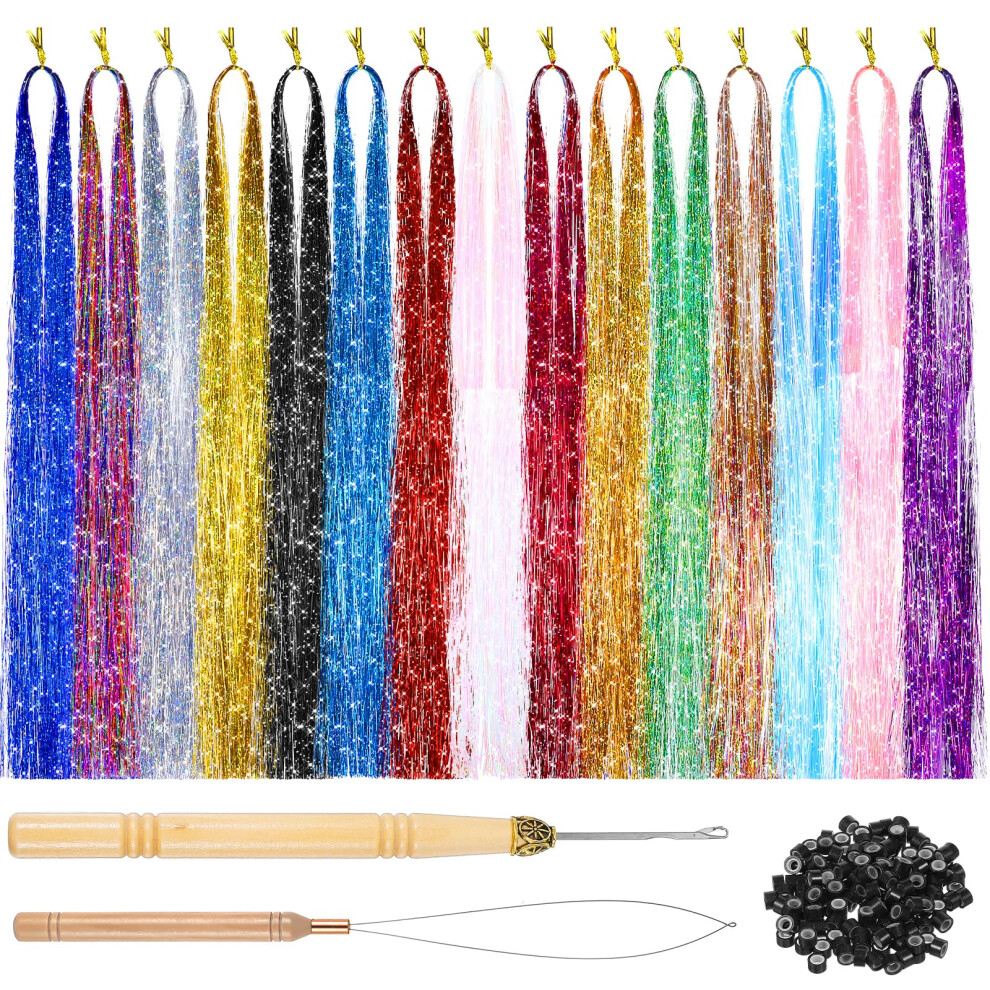 Unisex Hair Tinsel Kit With Tools Heat Resistant Fairy Hair Extensions For Women Sparkle Glitter Strands 16Pcs