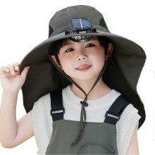(One Size,Army Green)Wide Brim Sun Hat with Solar Fan for Kids Sun Protection Cooling Fan Hat with Neck Flap for Outdoor Beach Fishing